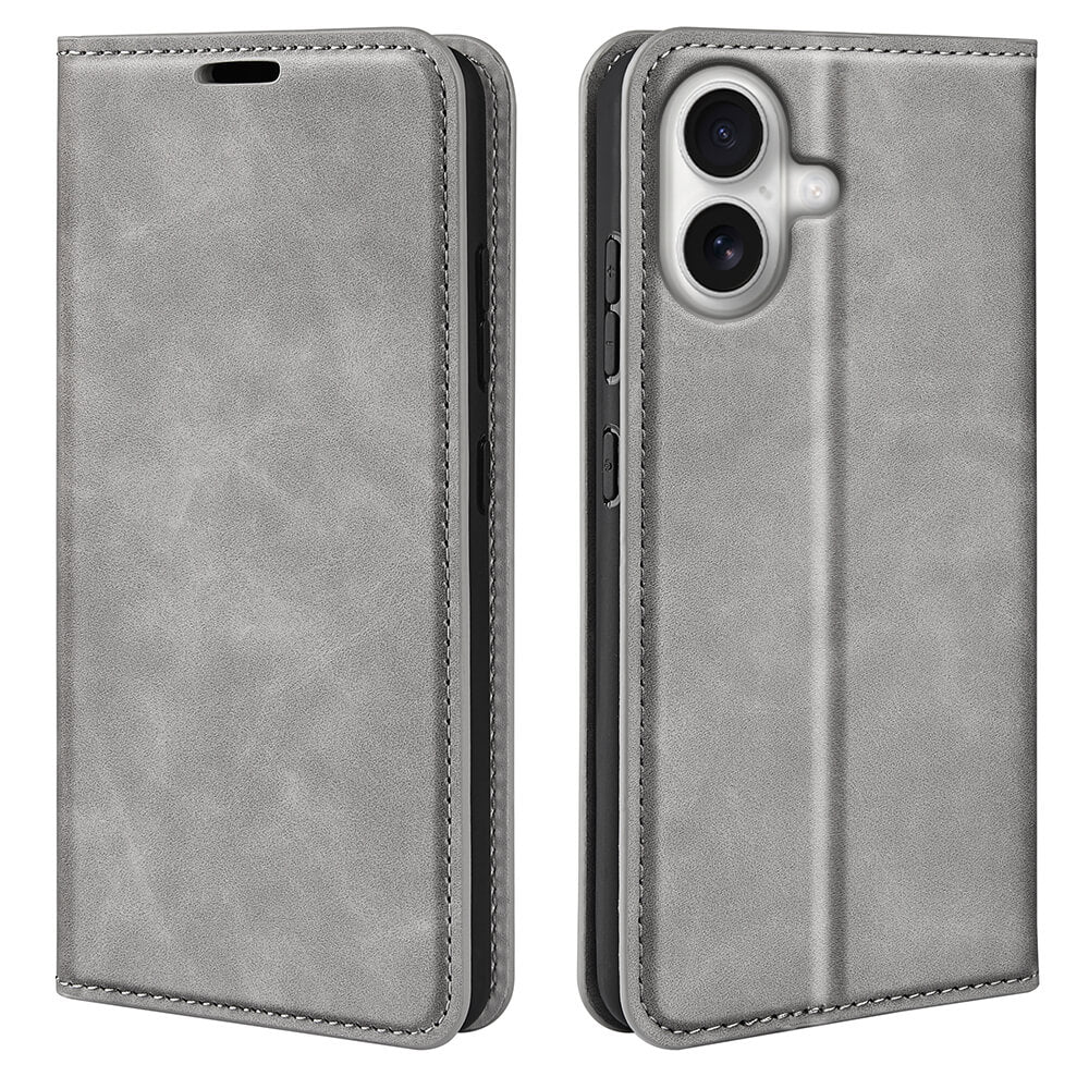 Das Cover-Discount iPhone 17 - Stand Flip Case Hülle aus grauem Leder wird offen und geschlossen gezeigt, wobei Kamera- und Tastenausschnitte sowie eine praktische Standfunktion hervorgehoben werden.