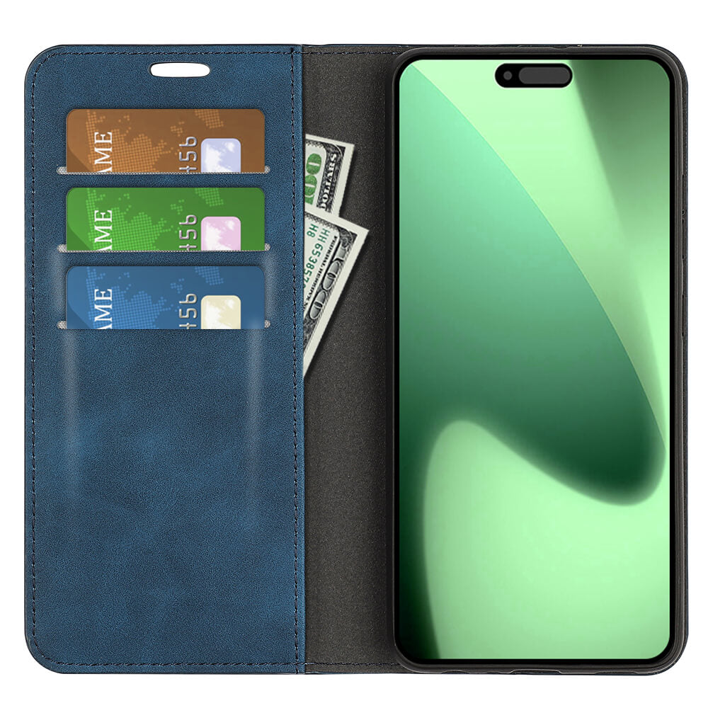 #farbe_blau|Die Cover-Discount iPhone 17 Pro - Stand Flip Case Hülle bietet Kartenfächer für drei Karten und Bargeld. Innen passt dein iPhone 17 Pro mit grünem Display - praktisch im Alltag und stilvoll zugleich.