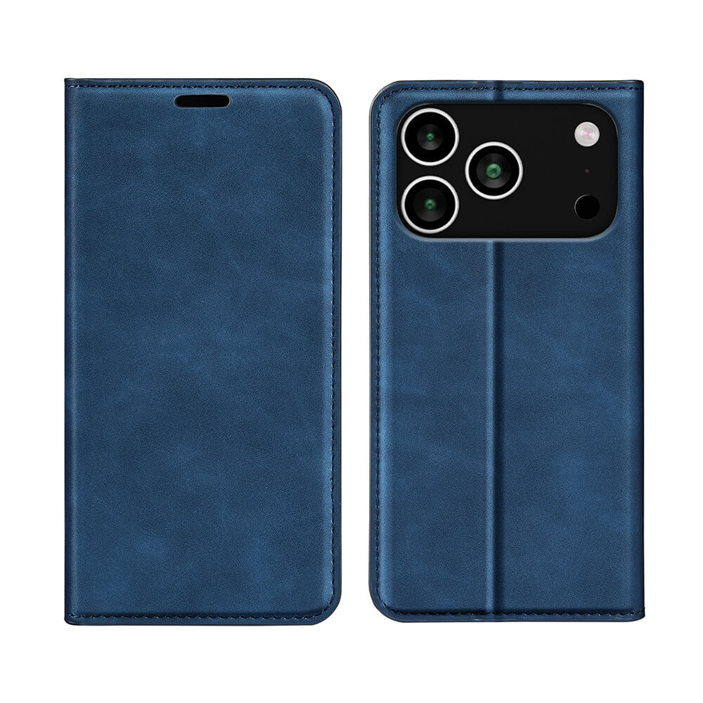 Das Cover-Discount iPhone 17 Pro Max - Stand Flip Case Hülle wird offen und geschlossen gezeigt, mit einem dreifachen Kameraausschnitt und praktischen Kartenfächern im Inneren für zusätzlichen Komfort.