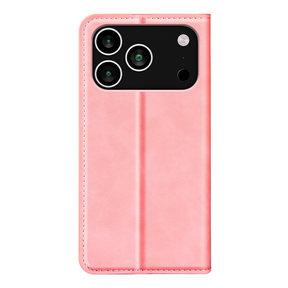 Das Cover-Discount iPhone 17 Pro Max Stand Flip Case Hülle ist eine rosafarbene Hülle mit abgesteppten Rändern und einem dreifachen Kameraausschnitt, der für eine praktische Standfunktion ausgelegt ist.