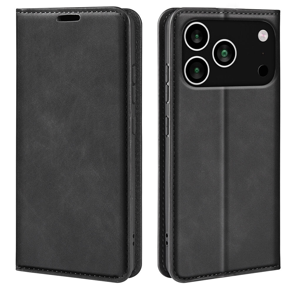 Die Cover-Discount iPhone 17 Pro Max - Stand Flip Case Hülle aus schwarzem Leder bietet stilvollen Schutz, Kartenfächer und präzise Kameraausschnitte - für optimalen Komfort und elegantes Design.