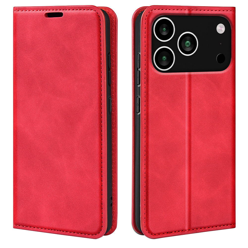 Die Cover-Discount iPhone 17 Pro Max Stand Flip Case Hülle in rotem Leder wird geschlossen gezeigt, Vorder- und Rückseite, mit Kameraausschnitten. Diese Handyhülle mit Kartenfächern bietet zusätzlichen Komfort.