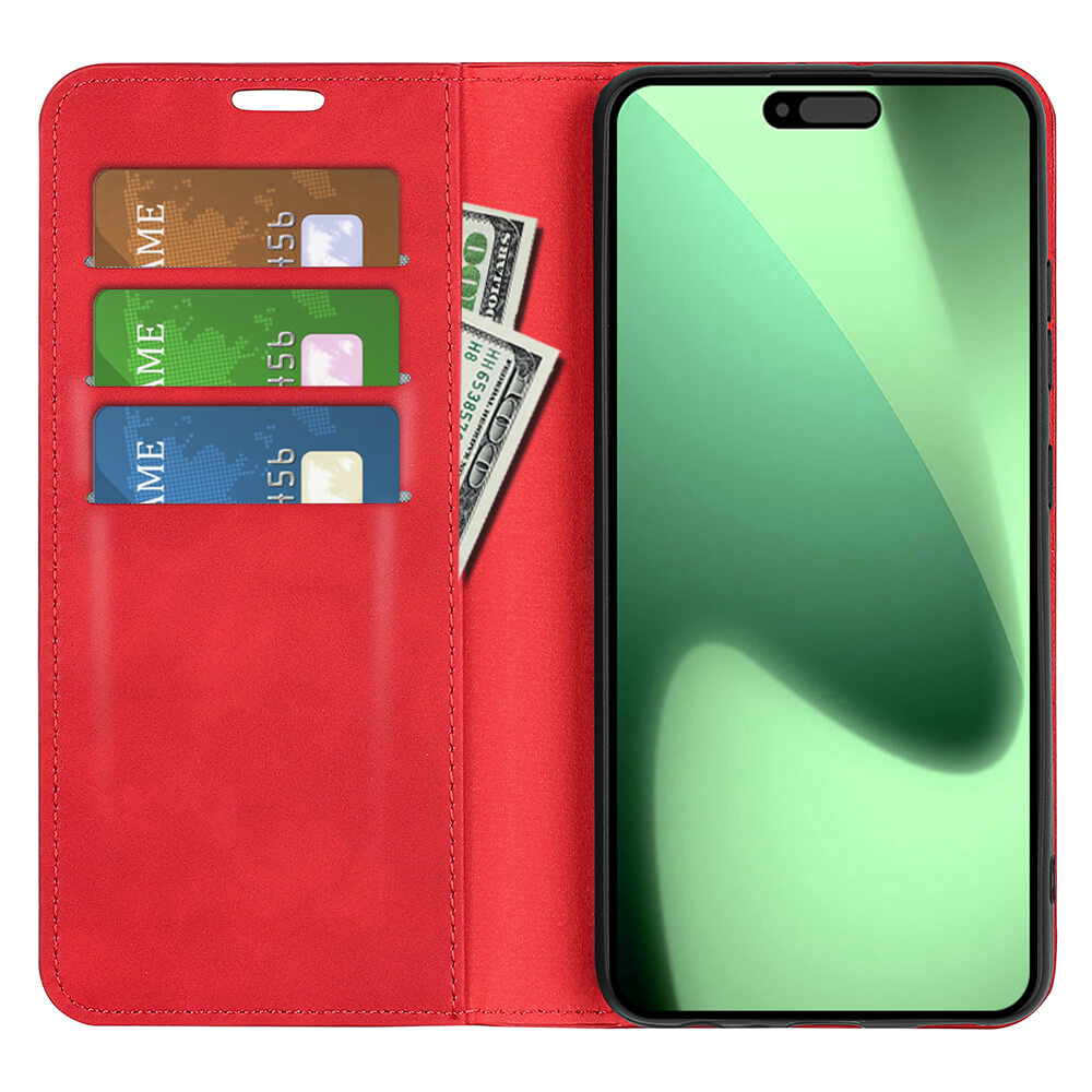 Das Cover-Discount iPhone 17 Pro Max - Stand Flip Case Hülle in Rot fasst drei Karten, Bargeld und ein Smartphone mit grünem Bildschirm.