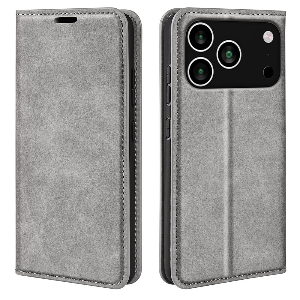 Das Cover-Discount iPhone 17 Pro Max - Stand Flip Case Hülle in grauem Leder verfügt über eine Hülle im Wallet-Stil mit Kartenfächern und ist sowohl von vorne als auch von hinten abgebildet.