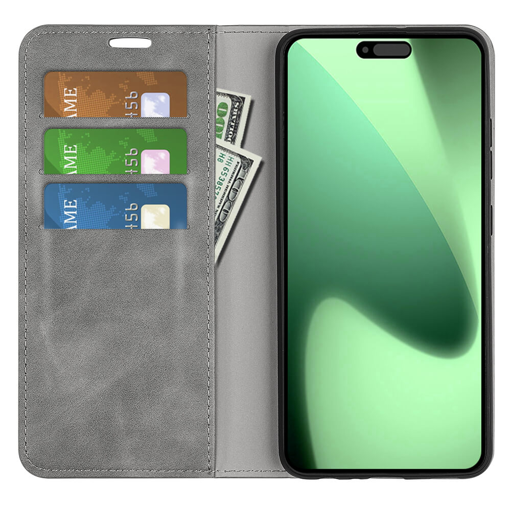 Ein iPhone 17 Pro Max in einem grauen Cover-Discount Stand Flip Case Hülle hält drei Karten und zwei gefaltete Dollarnoten.