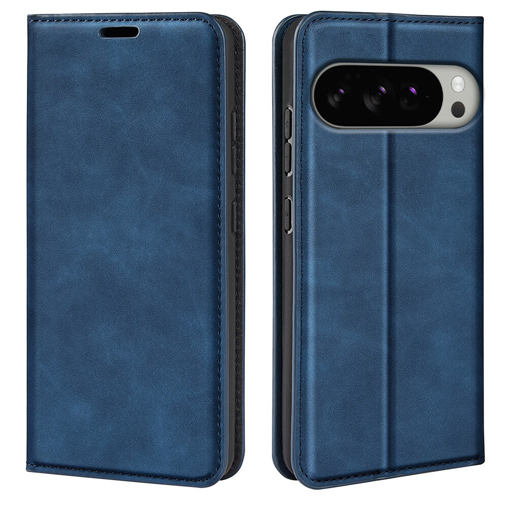 #farbe_blau|Das Stand Flip Case Hülle für Google Pixel 10 Pro XL von Cover-Discount in blauem Leder, hier geschlossen (Vorderansicht) und offen (Rückansicht) mit Kameraausschnitt, bietet eine praktische und stilvolle Schutzlösung.