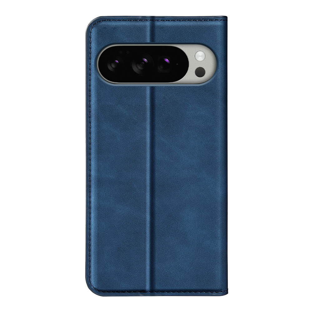Das Cover-Discount Google Pixel 10 Pro XL Stand Flip Case Hülle in blauem Leder verfügt über einen Kameraausschnitt und eine vertikale Naht auf der Rückseite.