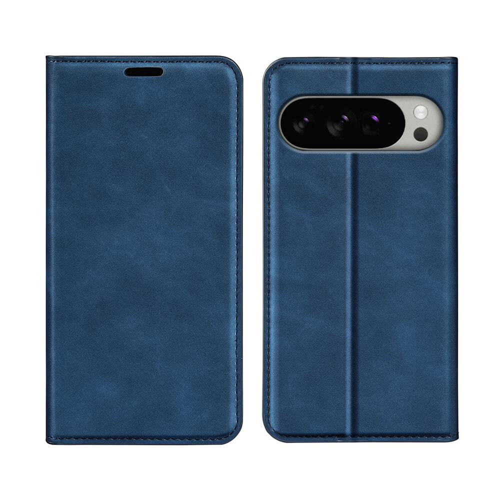 Das Google Pixel 10 Pro XL - Stand Flip Case Hülle von Cover-Discount in blauem Leder, hier geschlossen von vorne und hinten mit Kameraausschnitt, bietet stilvollen Schutz und Funktionalität.