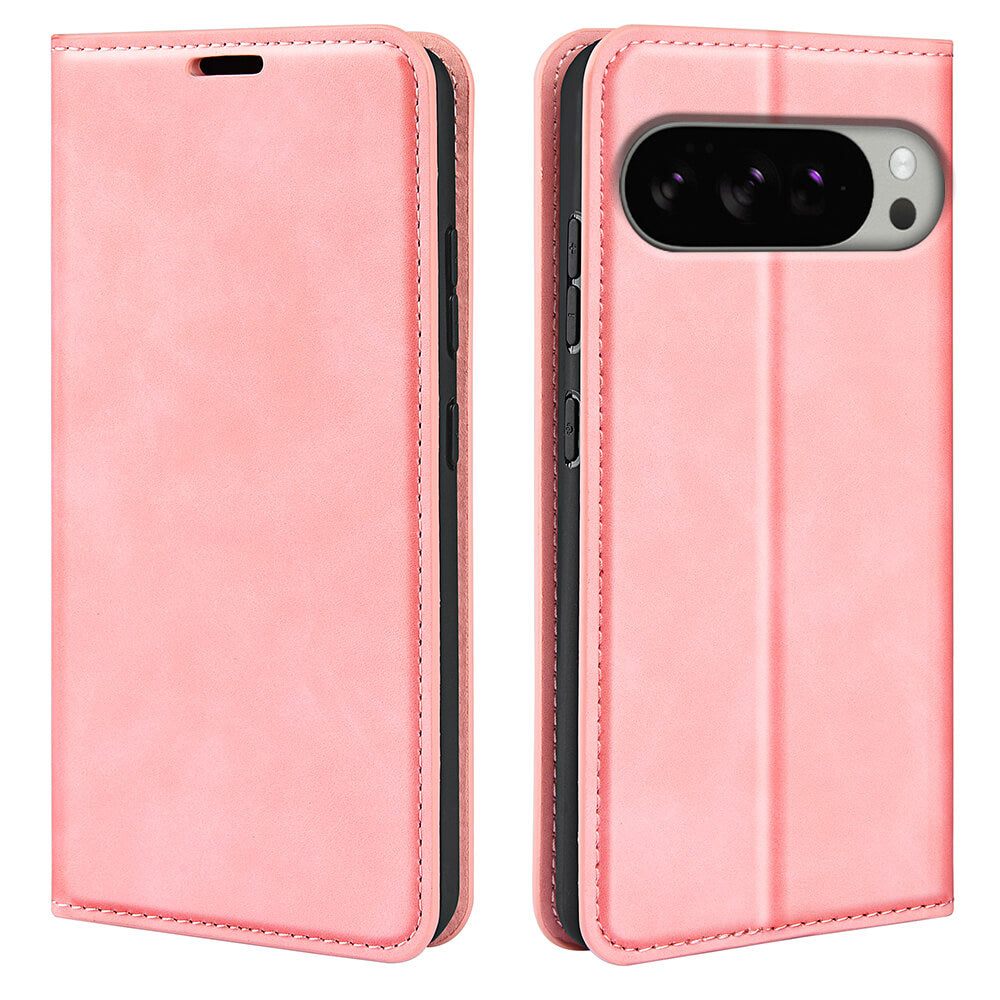 Das Cover-Discount Google Pixel 10 Pro XL - Stand Flip Case Hülle in rosa Leder ist offen und geschlossen mit dem Telefon im Inneren gezeigt, mit einem Kamera-Ausschnitt und Zugang zu den seitlichen Tasten.