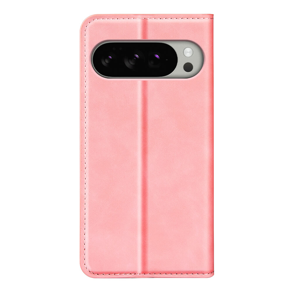 Das von hinten gezeigte Cover-Discount Google Pixel 10 Pro XL - Stand Flip Case Hülle verfügt über abgesteppte Kanten, eine glatte Textur, einen Kameraausschnitt und passt zu den Google Pixel 10 Pro XL Modellen.