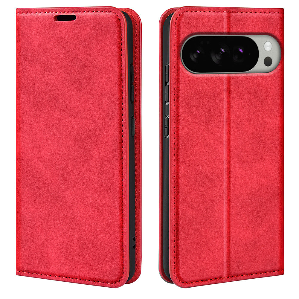 Das Cover-Discount Google Pixel 10 Pro XL - Stand Flip Case Hülle in rotem Leder ist offen und geschlossen dargestellt und zeigt den Kameraausschnitt und die Tasten - eine Kombination aus stilvollem Design und Schutzfunktion.