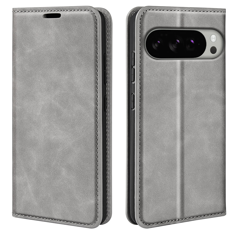 Cover-Discount Google Pixel 10 Pro XL - Stand Flip Case Hülle in grauem Leder, abgebildet in der Vorder- und Rückansicht mit sichtbarem Kameraausschnitt.