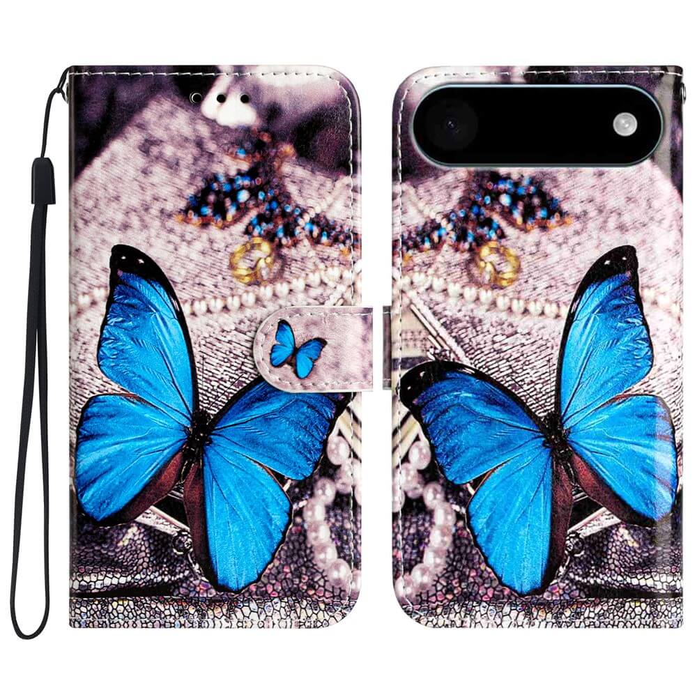 Die iPhone 17 Air - Tasche Hülle mit Motiv von Cover-Discount zeigt einen großen blauen Schmetterling, einen kleineren Schmetterling und perlenartige Muster - stilvoller Schutz für Ihr Smartphone.