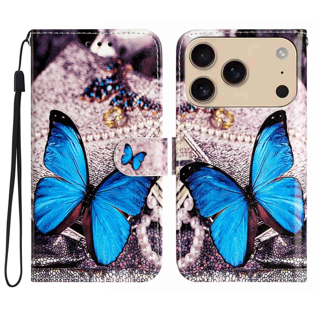 Die Cover-Discount iPhone 17 Pro Max - Tasche Hülle mit Motiv bietet ein blaues Schmetterling-Design, funkelnden Hintergrund, Kartenfächer und eine Handschlaufe.
