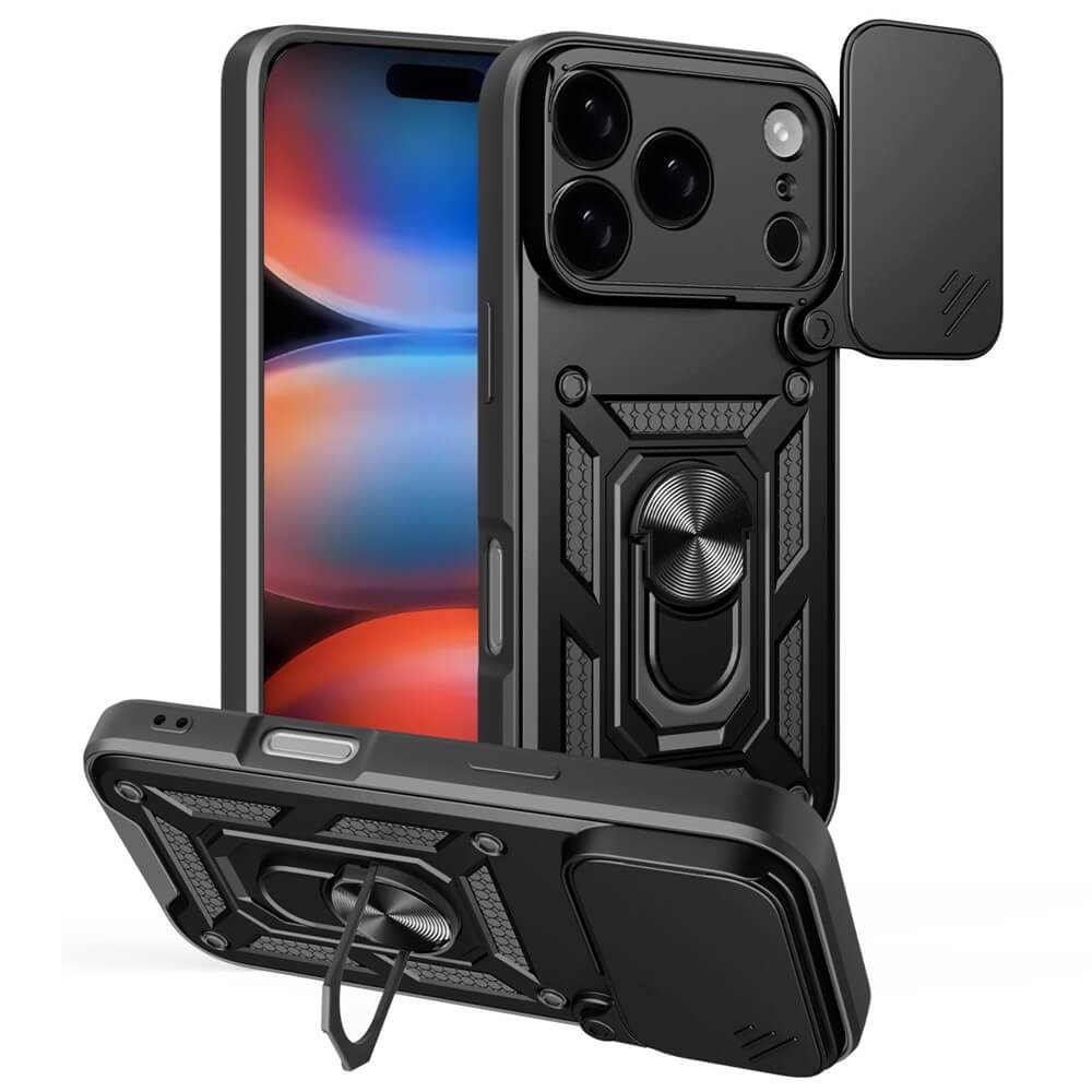 #farbe_schwarz|Drei schwarze, robuste Cover-Discount Armor Case mit Kickstand für das iPhone 17 Pro Max-eins am Smartphone, alle mit Kameraschutz und Ständer.