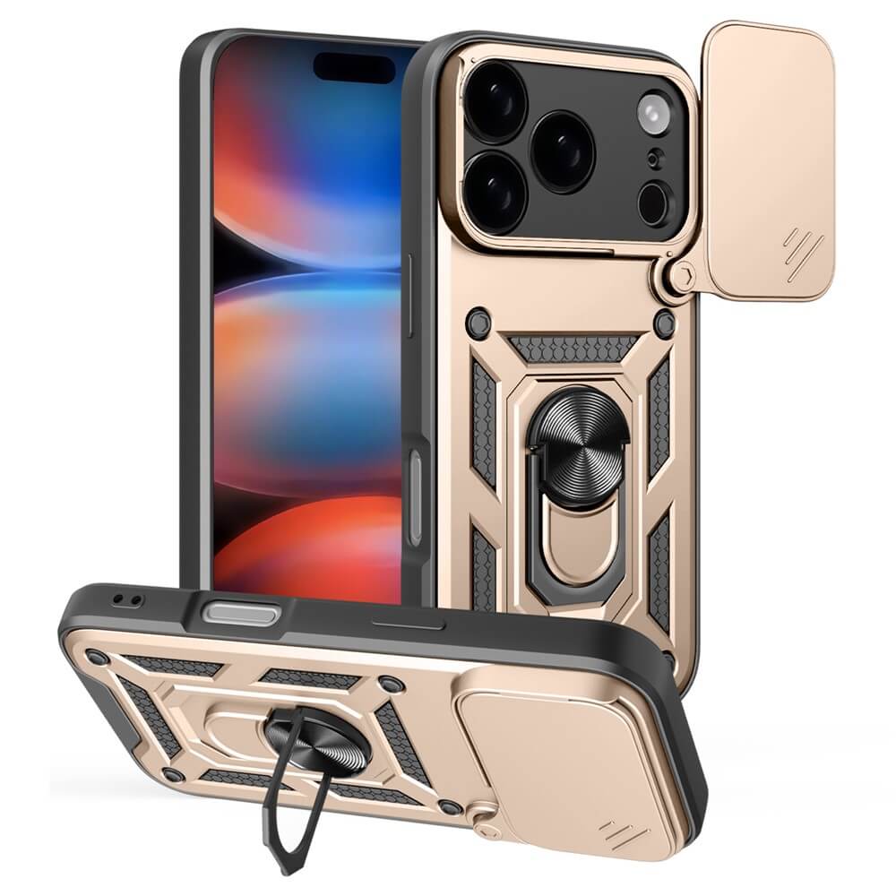 Die Cover-Discount iPhone 17 Pro Max - Armor Case mit Kickstand in Gold und Schwarz schützt robust, verfügt über Kameraabdeckung und wird am Smartphone aus verschiedenen Perspektiven gezeigt.