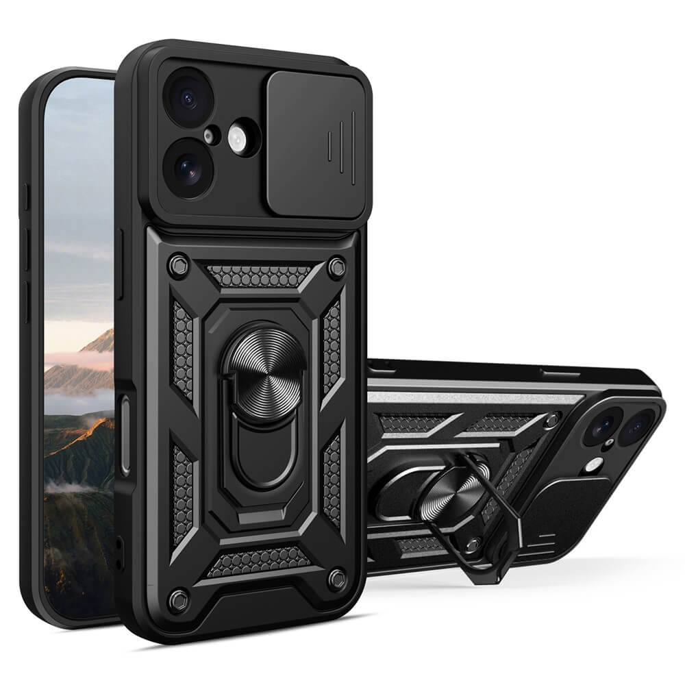 #farbe_schwarz|Zwei robuste schwarze Cover-Discount iPhone 17 - Armor Case mit Kickstand Optionen mit verschiebbaren Kameraabdeckungen werden auf den Telefonen gezeigt und bieten stilvolle, schützende Kickstand Hüllen für Ihr Gerät.