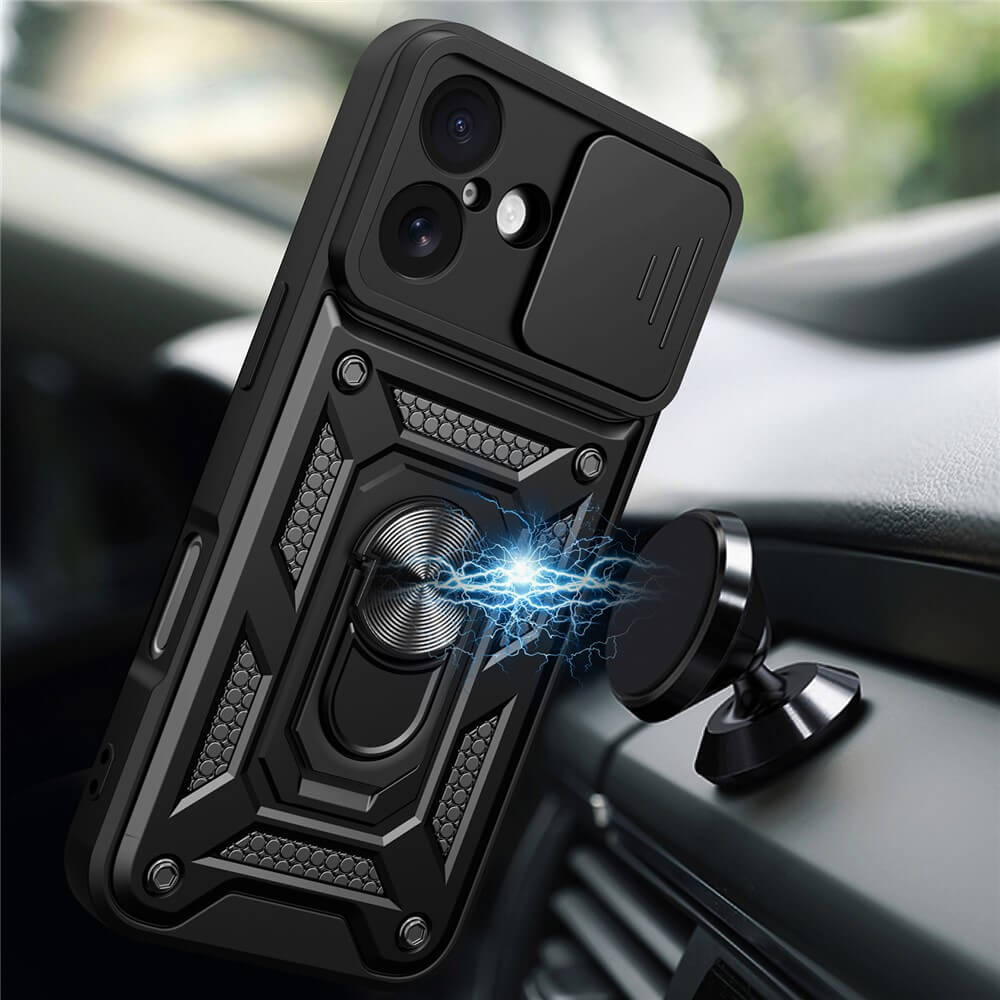 Das Cover-Discount iPhone 17 - Armor Case mit Kickstand lässt sich magnetisch an der Autohalterung befestigen und bietet eine robuste, sichere und leicht zugängliche Lösung für Ihr Telefon während der Fahrt.
