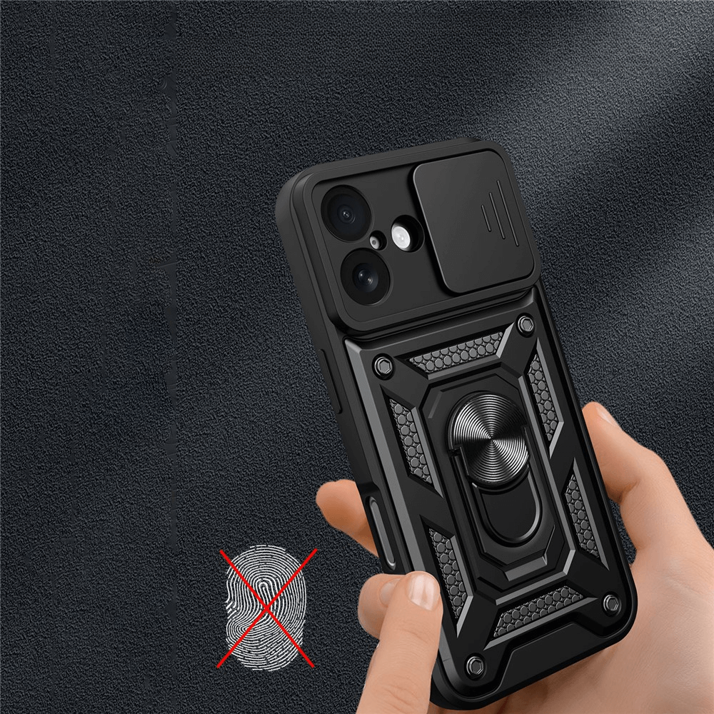 #farbe_schwarz|Eine Hand hält das Cover-Discount iPhone 17 - Armor Case mit Kickstand in robustem Schwarz, das einen Ringständer, eine Kameraabdeckung und ein Symbol für den Schutz vor Fingerabdrücken aufweist.