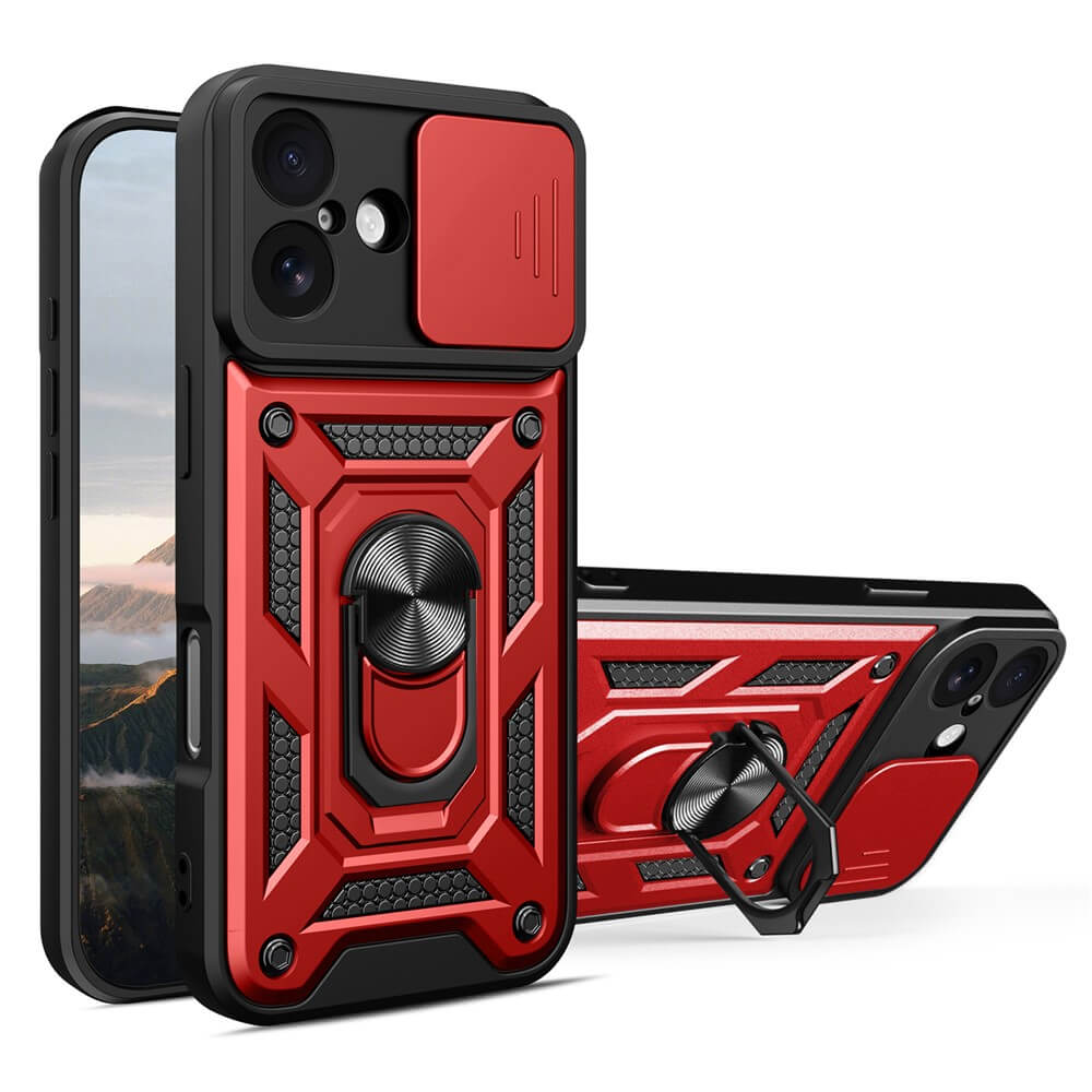 Zwei rote Cover-Discount Armor Cases für das iPhone 17 mit schwarzen Akzenten, jeweils mit Kickstand und verschiebbarer Kameraabdeckung für verbesserten Schutz und Stil.