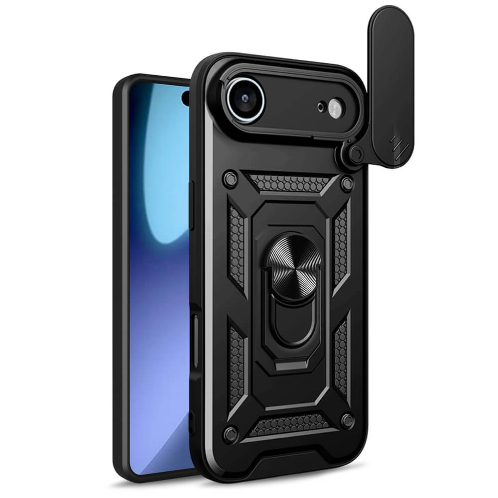 #farbe_schwarz|Schutzhülle-Discount iPhone 17 Air - Armor Case mit Kickstand: Schutzhülle mit Ringhalter, Schiebecover für die Kamera und integriertem Kickstand, kompatibel mit Magnethalterung - für optimalen Schutz und Komfort.