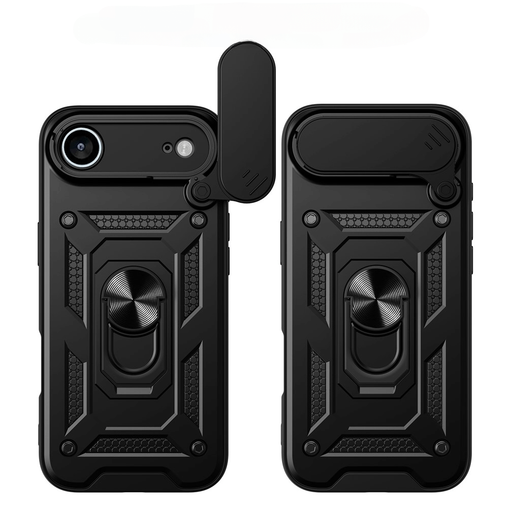 #farbe_schwarz|Zwei robuste schwarze Cover-Discount iPhone 17 Air - Armor Case mit Kickstand Cases mit verschiebbaren Kameraabdeckungen und drehbaren Kickstands, abgebildet Vorder- und Rückseite. Kompatibel mit Magnethalterung zur sicheren Befestigung.