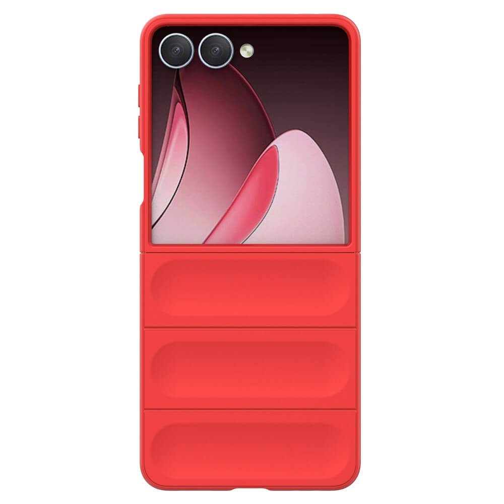 Die Cover-Discount Galaxy Z Fold7 - Rugged Protective Hülle mit Rillen und doppeltem Kameraausschnitt bietet maximalen Schutz; abgebildet auf einem Smartphone mit einem pinkfarbenen abstrakten Hintergrundbild.