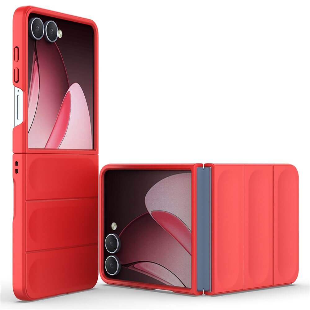 Zwei rote Cover-Discount Galaxy Z Fold7 - Rugged Protective Hüllen sind abgebildet, eine aufrecht und eine teilweise gefaltet, was einen robusten Schutz und ein stabiles Design für Ihr Telefon hervorhebt.