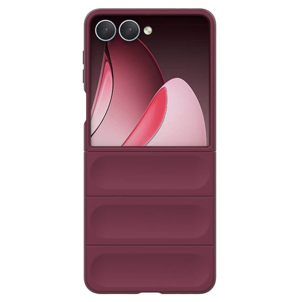 Die Cover-Discount Galaxy Z Fold7 - Rugged Protective Hülle in kastanienbraun schützt Ihr Handy, abgebildet mit einem abstrakten rosa und roten Hintergrundbild, und kombiniert maximalen Schutz mit stilvoller Funktionalität.