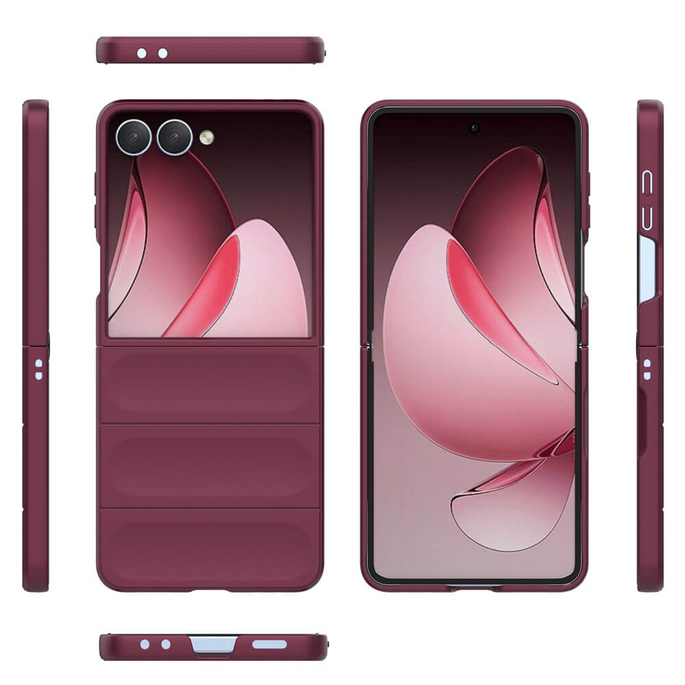 Die Cover-Discount Galaxy Z Fold7 - Rugged Protective Hülle in kastanienbraun ist aus mehreren Blickwinkeln zu sehen. Sie bietet maximalen Schutz für Ihr Gerät und umschließt das Telefon mit einem floral gestalteten Display.