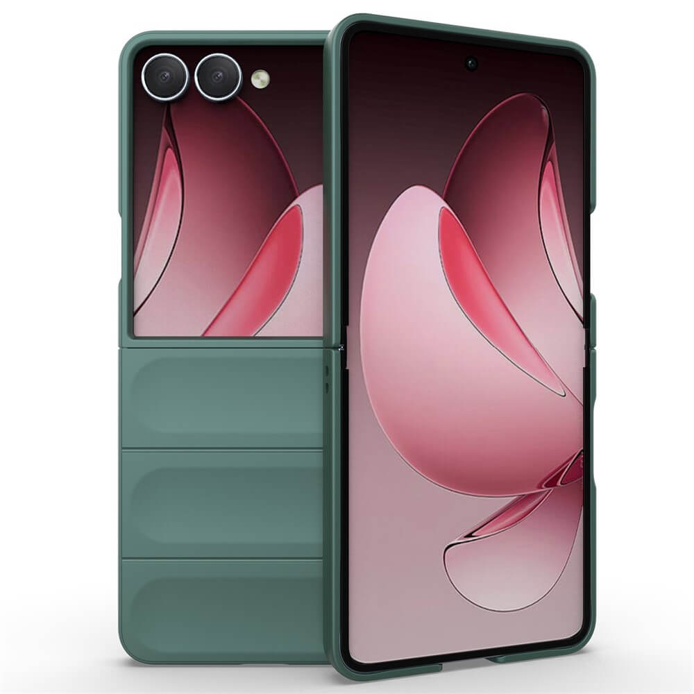 Ein grünes faltbares Smartphone, halb geöffnet mit zwei rückwärtigen Kameras und einem abstrakten rosa Display - geschützt durch die Cover-Discount Galaxy Z Fold7 - Rugged Protective Hülle für maximalen Schutz.