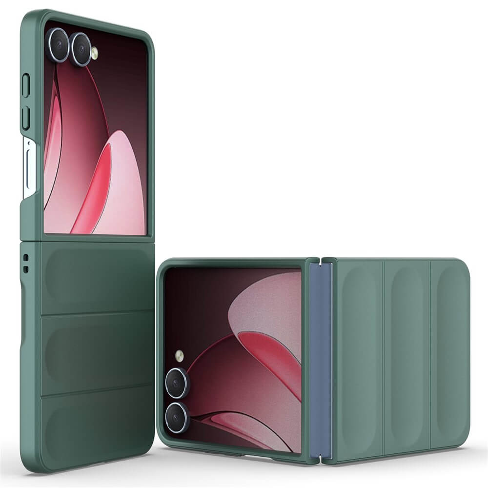 Zwei grüne Cover-Discount Galaxy Z Fold7 - Robuste Schutzhülle, eine offen und eine geschlossen, die ein Telefon mit rosa abstraktem Hintergrundbild zeigt. Diese Hüllen kombinieren maximalen Schutz mit einem stilvollen Design.