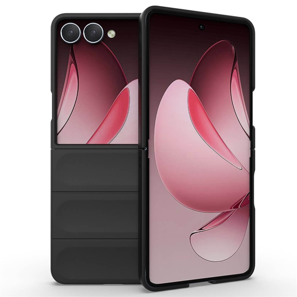 Die Cover-Discount Galaxy Z Fold7 - Rugged Protective Hülle in Schwarz bietet maximalen Schutz für Ihr faltbares Smartphone, mit zwei Aussparungen für die rückwärtige Kamera und einem auffälligen rosa abstrakten Design auf dem Bildschirm.