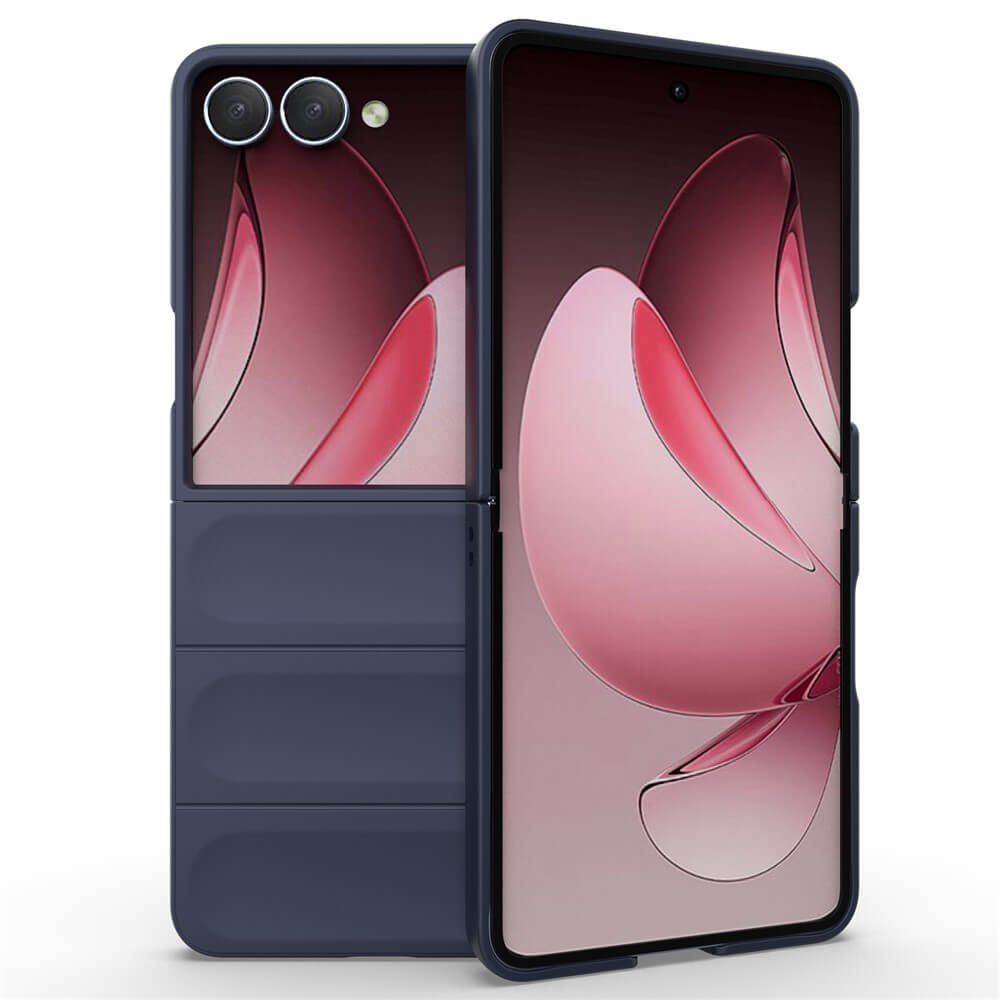 Das Galaxy Z Fold7 mit einer dunklen Rugged Protective Hülle von Cover-Discount wird teilweise geöffnet gezeigt, mit einem rosa abstrakten Hintergrundbild für optimalen Schutz.