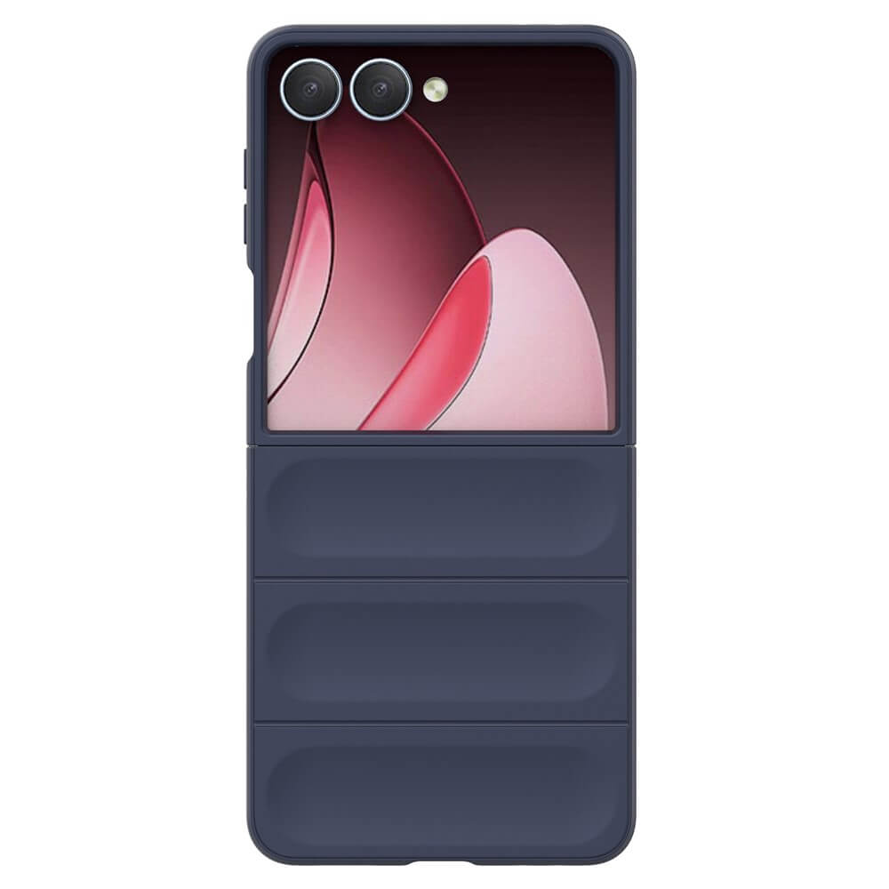 Die Cover-Discount Galaxy Z Fold7 - Rugged Protective Hülle in Dunkelblau ist teilweise geschlossen mit einem pinkfarbenen abstrakten Hintergrundbild abgebildet und bietet maximalen Schutz für Ihr faltbares Smartphone.