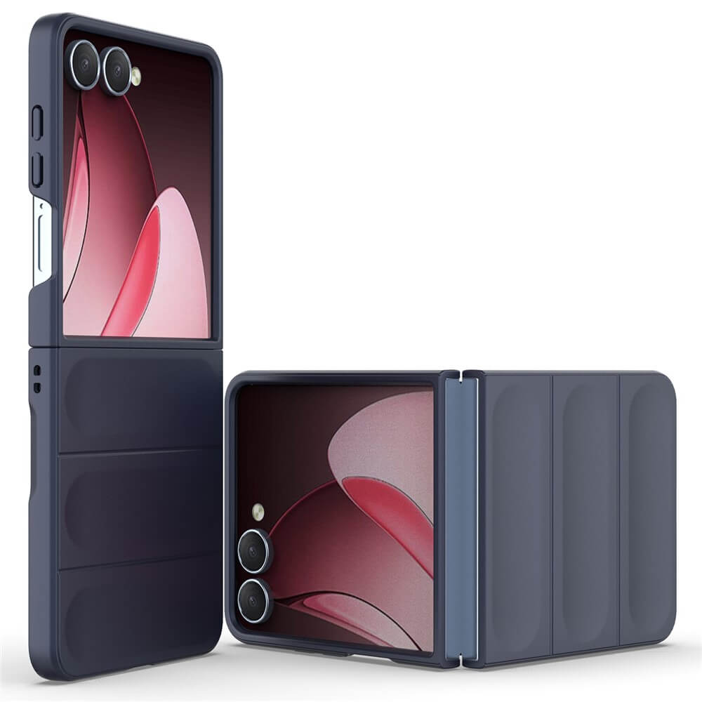 Zwei Galaxy Z Fold7 Smartphones in dunkelblauen Cover-Discount Rugged Protective Hülle Hüllen, eine offen und eine geschlossen, zeigen abstraktes rosa Wallpaper und liefern maximalen Schutz mit einem schlanken Design.