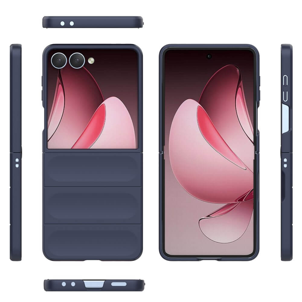 Ein dunkelblaues, faltbares Smartphone wird offen und geschlossen gezeigt, zeigt ein pinkes, abstraktes Hintergrundbild und ist durch die Cover-Discount Galaxy Z Fold7 - Rugged Protective Hülle optimal geschützt.