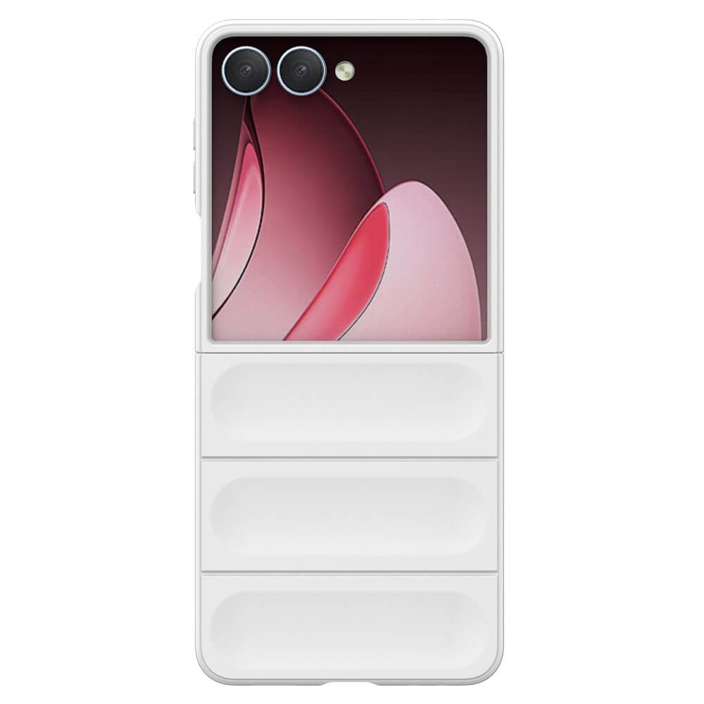 Die Cover-Discount Galaxy Z Fold7 - Rugged Protective Hülle in Weiß verfügt über ein rosa abstraktes Design auf dem Bildschirm und bietet maximalen Schutz mit einer stilvollen, faltbaren Form.