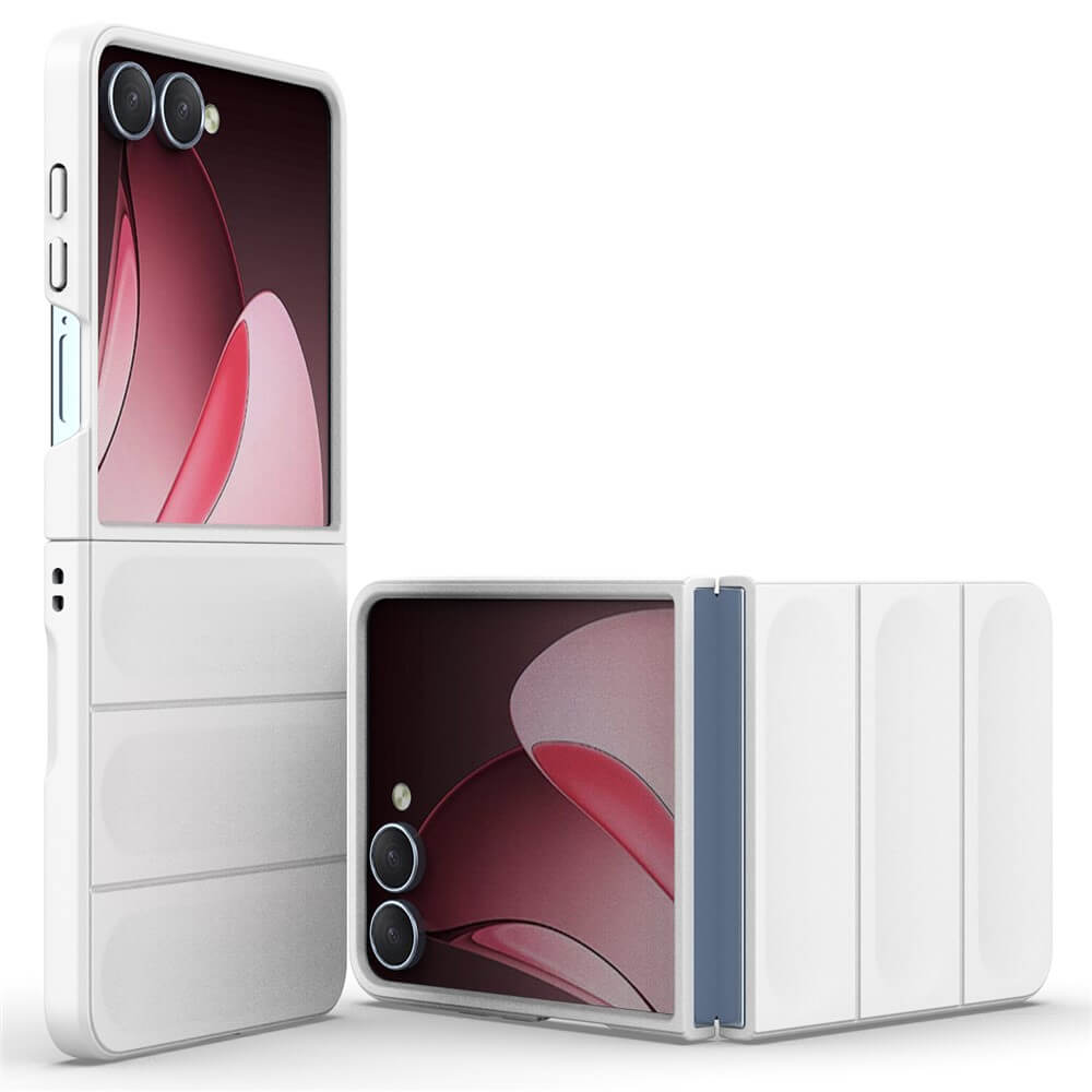 Zwei weiße Galaxy Z Fold7-Smartphones, jeweils mit Dual-Rückkamera und abstraktem rosa Bildschirm, werden von der Rugged Protective Hülle von Cover-Discount für maximalen Schutz geschützt.
