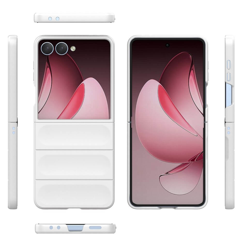 Das Galaxy Z Fold7 wird aus verschiedenen Blickwinkeln mit einem pinkfarbenen abstrakten Hintergrundbild gezeigt, das mit der Cover-Discount Rugged Protective Hülle für maximalen Schutz ausgestattet ist.