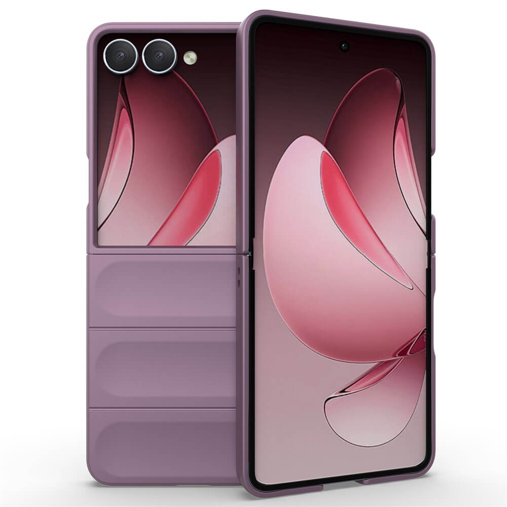 Ein lilafarbenes, faltbares Smartphone mit zwei rückwärtigen Kameras zeigt ein pinkes, abstraktes Hintergrundbild und wird von der Cover-Discount Galaxy Z Fold7 - Rugged Protective Hülle für maximalen Schutz geschützt.
