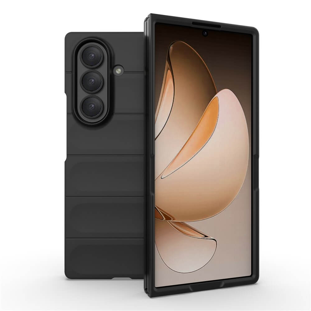 Die Cover-Discount Galaxy Z Fold7 - Rugged Protective Hülle in Schwarz, mit goldfarbenem abstraktem Design auf dem Display, bietet maximalen Schutz und stilvolles Design - Vorder- und Rückansicht inklusive.