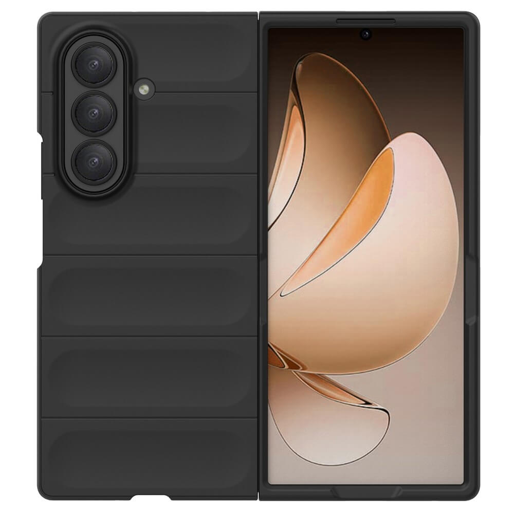 Die Cover-Discount Galaxy Z Fold7 - Rugged Protective Hülle in Schwarz, abgebildet auf einem Smartphone mit beigefarbenem abstraktem Bildschirm, vereint maximalen Schutz und Stil.