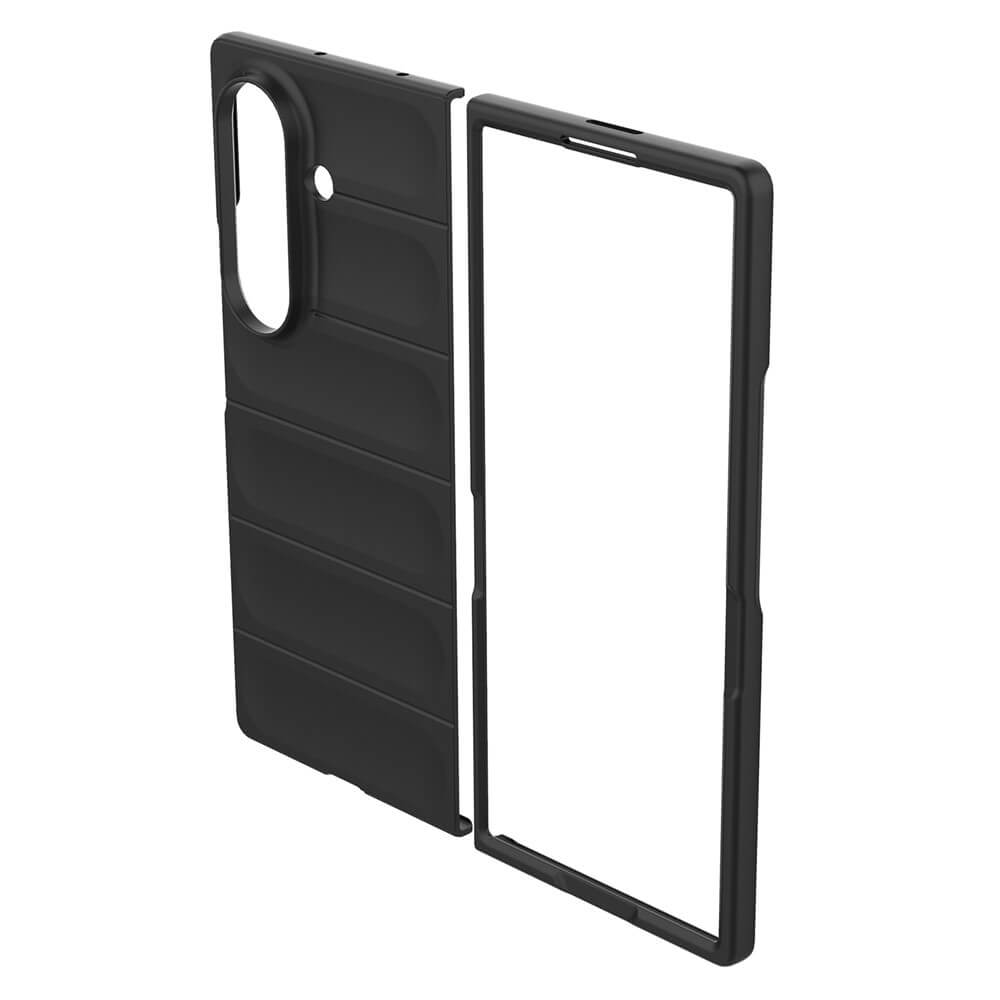 Die Cover-Discount Galaxy Z Fold7 - Rugged Protective Hülle, eine schwarze zweiteilige Hülle mit strukturierter Rückseite und offener Vorderseite, wird aufrecht und getrennt dargestellt und bietet maximalen Schutz für Ihr Gerät.
