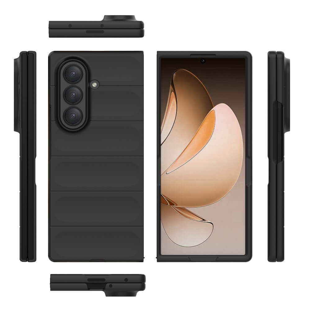 #farbe_schwarz|Die Cover-Discount Galaxy Z Fold7 - Rugged Protective Hülle ist eine schwarze, faltbare Smartphone-Hülle, die für maximalen Schutz der Kamera, des Scharniers und des Displays entwickelt wurde und aus mehreren Blickwinkeln betrachtet werden kann.