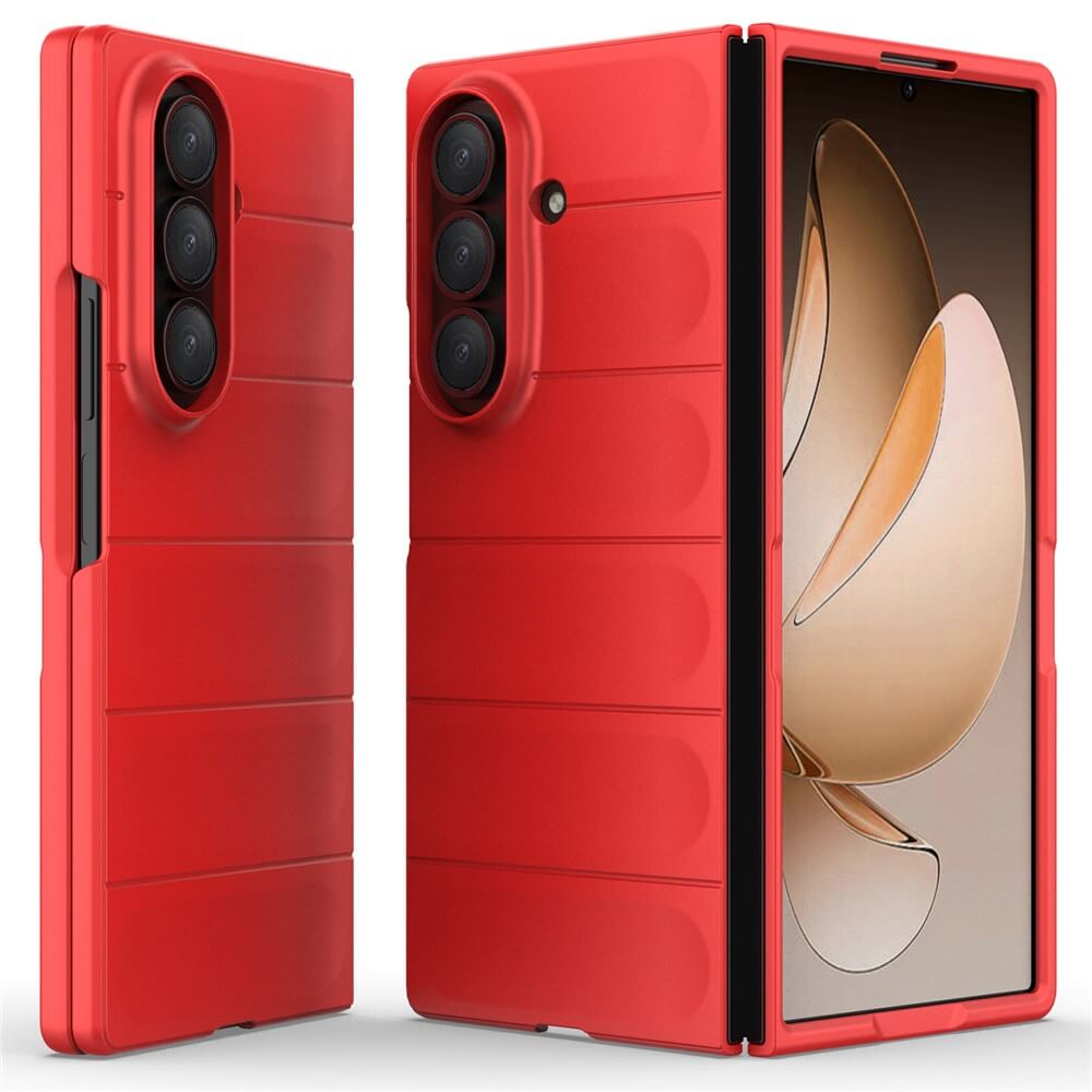Die Cover-Discount Galaxy Z Fold7 - Rugged Protective Hülle in rot, abgebildet auf Vorder- und Rückseite mit floralem Hintergrundbild, bietet maximalen Schutz - ideal als stylische Hülle für Ihr Galaxy Z Fold7.