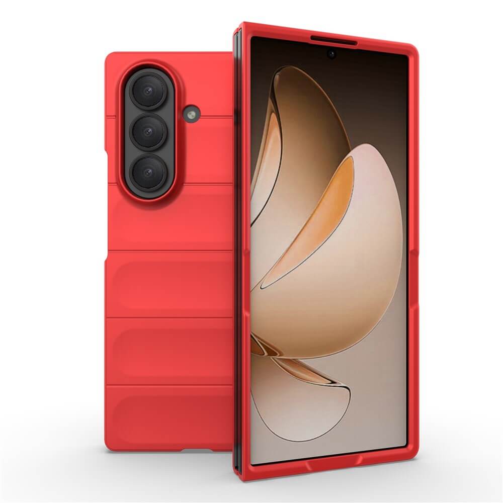 Die Cover-Discount Galaxy Z Fold7 - Rugged Protective Hülle in Rot bietet maximalen Schutz, faltet sich nahtlos um Ihr Triple-Kamera-Handy und zeigt ein beigefarbenes abstraktes Wallpaper auf dem Display.