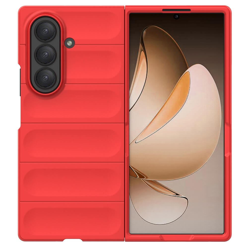 Die Cover-Discount Galaxy Z Fold7 - Rugged Protective Hülle in rot ist mit dem Telefon teilweise geöffnet und ein abstraktes Hintergrundbild gezeigt, bietet maximalen Schutz und Stil für Ihr Samsung faltbar.