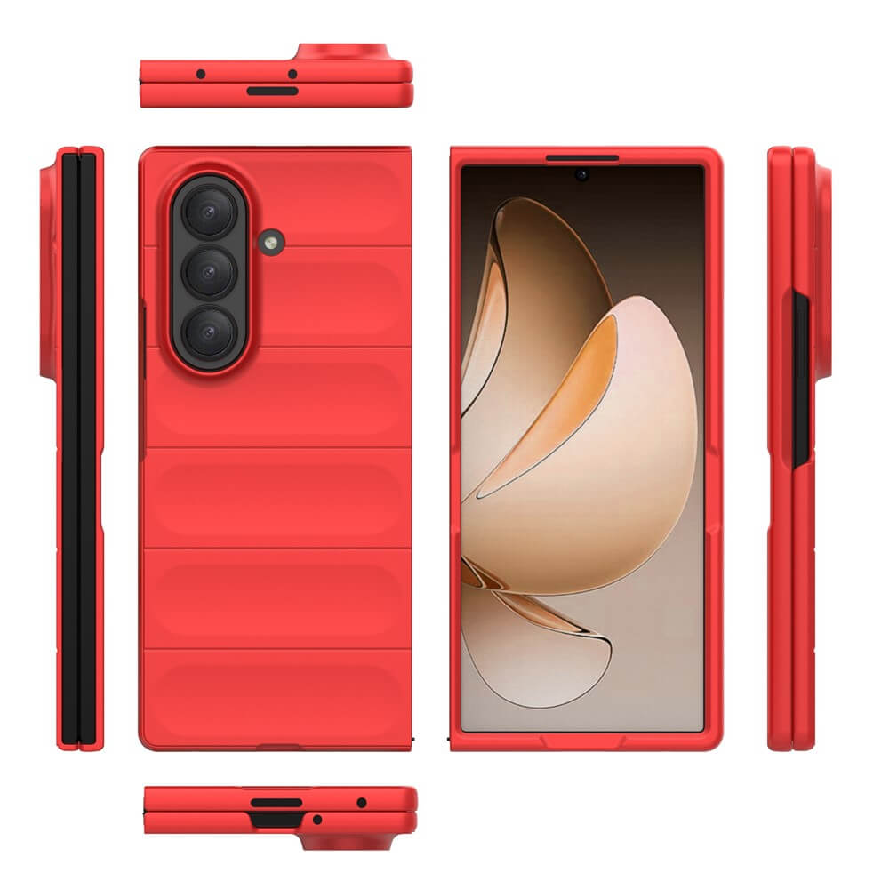 Die Cover-Discount Galaxy Z Fold7 - Rugged Protective Hülle in Rot wird auf einem faltbaren Smartphone aus mehreren Blickwinkeln gezeigt, einschließlich der Vorder-, Rück- und Seitenfläche. Entwickelt für maximalen Schutz.