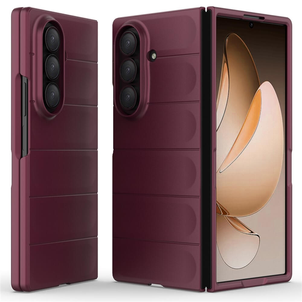Die Cover-Discount Galaxy Z Fold7 - Rugged Protective Hülle für faltbare Smartphones, abgebildet Vorder- und Rückseite in Maroon, bietet mit ihrem robusten Design maximalen Schutz.